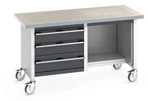 Bott Cubio Mobile Storage Workbench 1500mm wide x 750mm Deep x 840mm high supplied with a Linoleum worktop (particle board core with grey linoleum surface and plastic edgebanding), 3 x Drawers (1 x 200mm & 2 x 150mm high)  and 1 x open section... 1500mm Wide Mobile Moveable Industrial Storage Benches with Cupboards and Drawers
